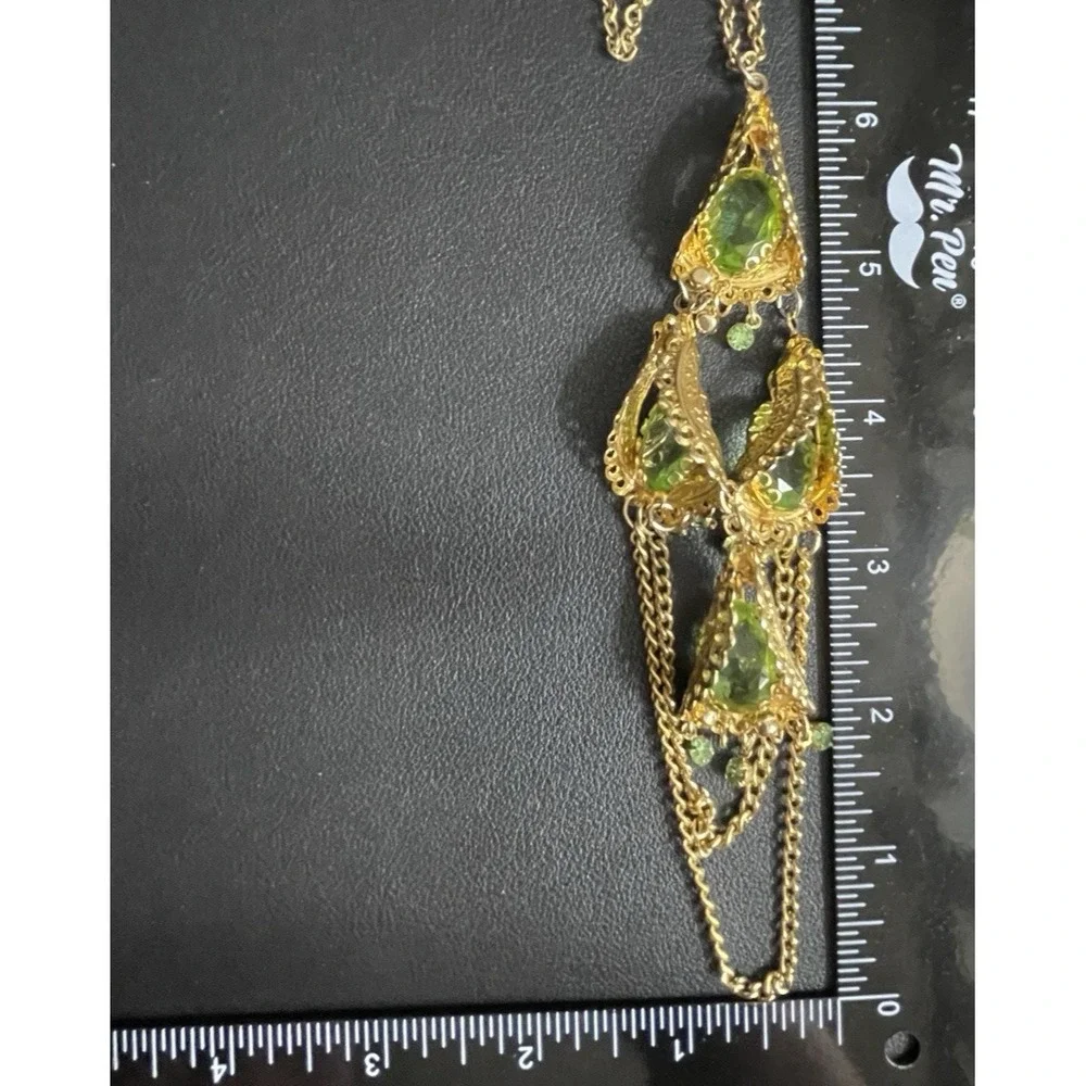 Vintage PARK LANE Necklace Rhinestone Green Gold Tone 22" Long Statement GLOW - Picture 15 of 16
